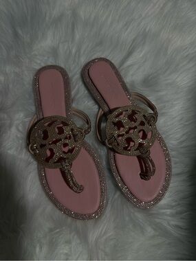 Pink Crystal-Embellished Logo Toe-Post Sandals
